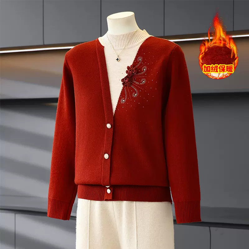 洋气妈妈秋冬装一体绒毛衣针织打底衫中老年女装加绒加厚保暖上衣