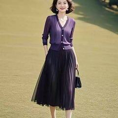 小个子紫色针织开衫半身裙两件套2025新年新款高级感显瘦休闲套装