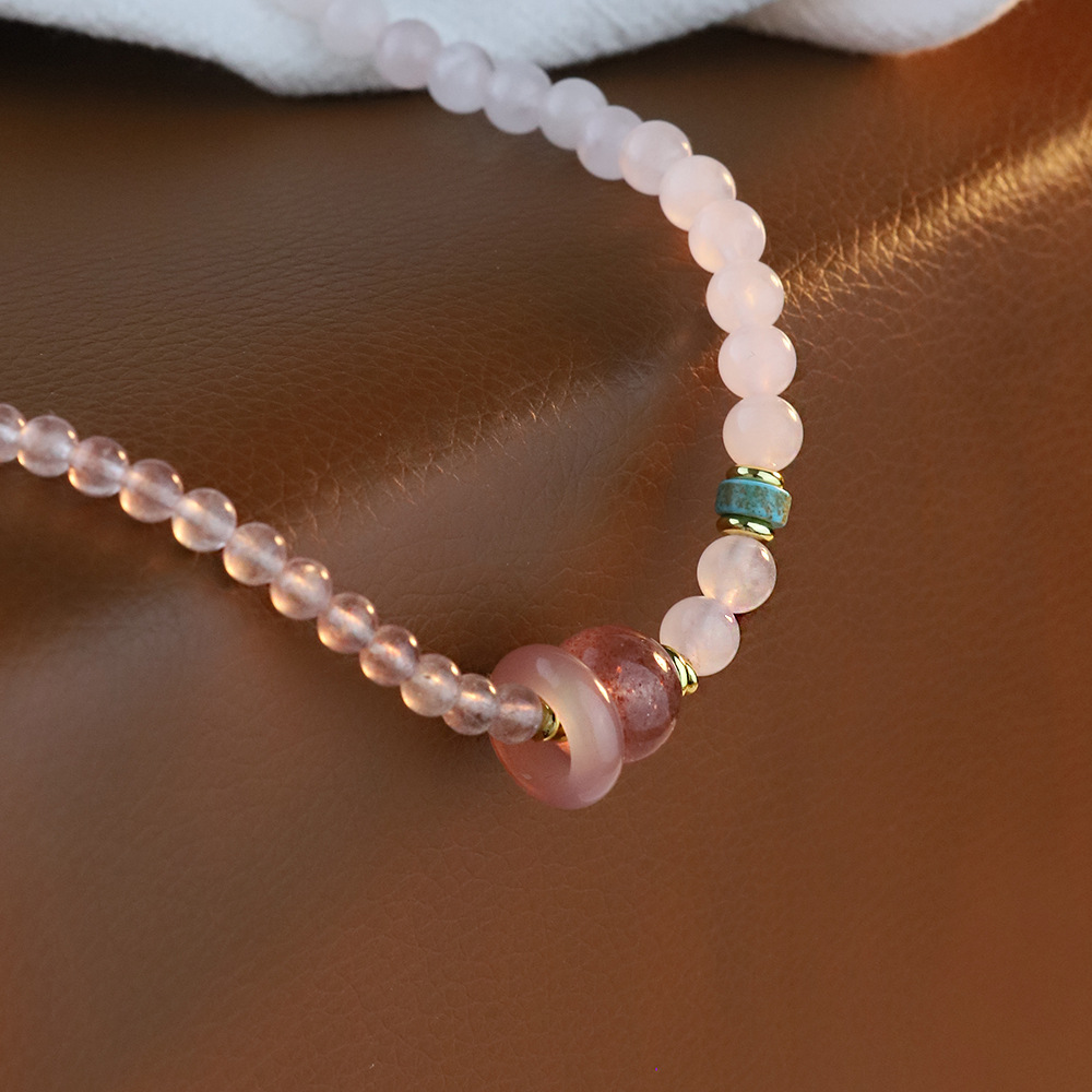 Putuoshan con flores de melocotón pulsera de cristal de fresa natural polvo de cristal de mujer transferencia de perlas nicho delicada pulsera de doble anillo