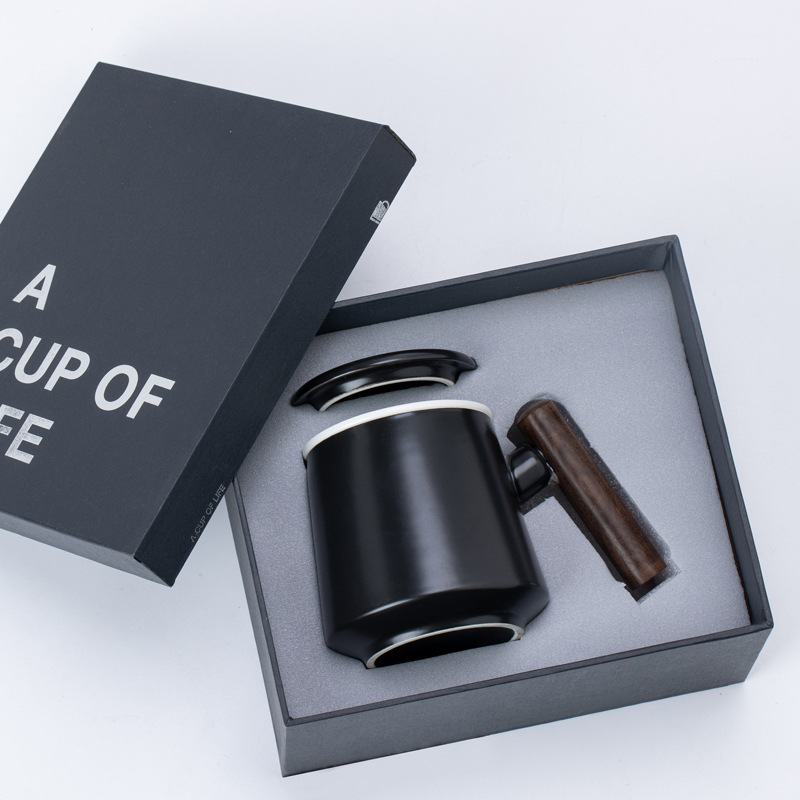 Taza de cerámica con mango de madera con cubierta de té, taza de té de flores, taza de agua, caja de regalo, bolsa, conjunto de grabado