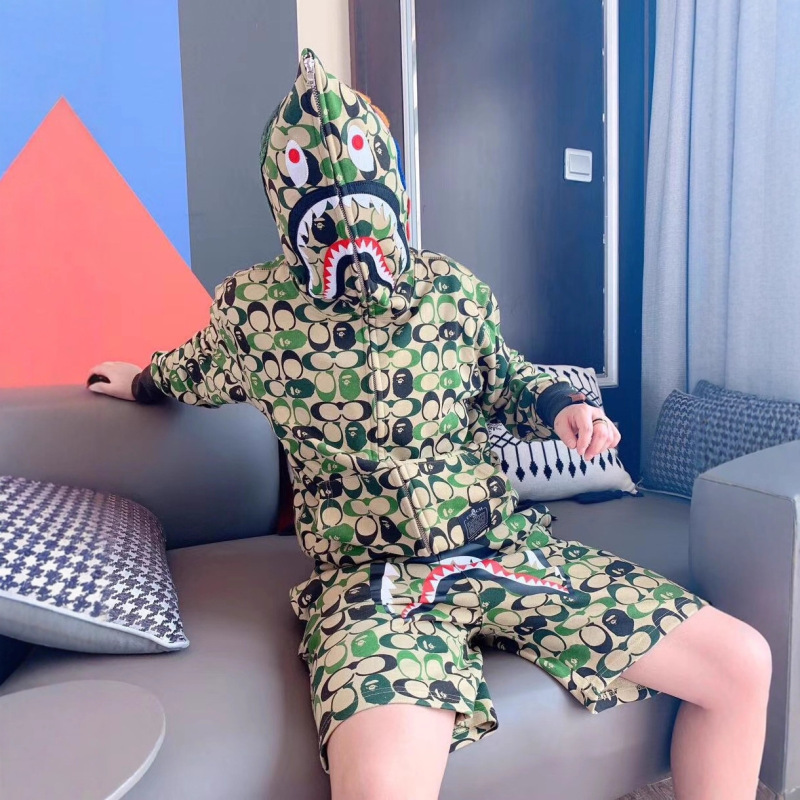 迷彩鲨鱼连帽外套街头男女情侣嘻哈开衫拉链刺绣卫衣春秋冬长袖衫|undefined