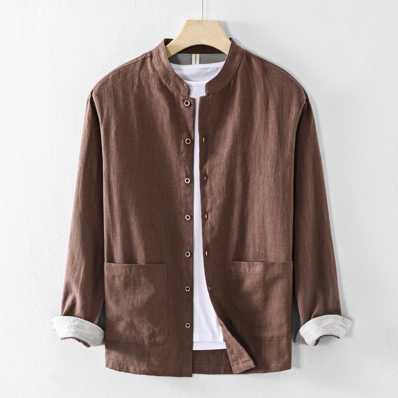 Chinese Style Casual Stand-Up Collar Linen Shirt for Men, Long-Sleeved Solid Color Sun Protection Cotton-Linen Shirt, Breathable Top for Men