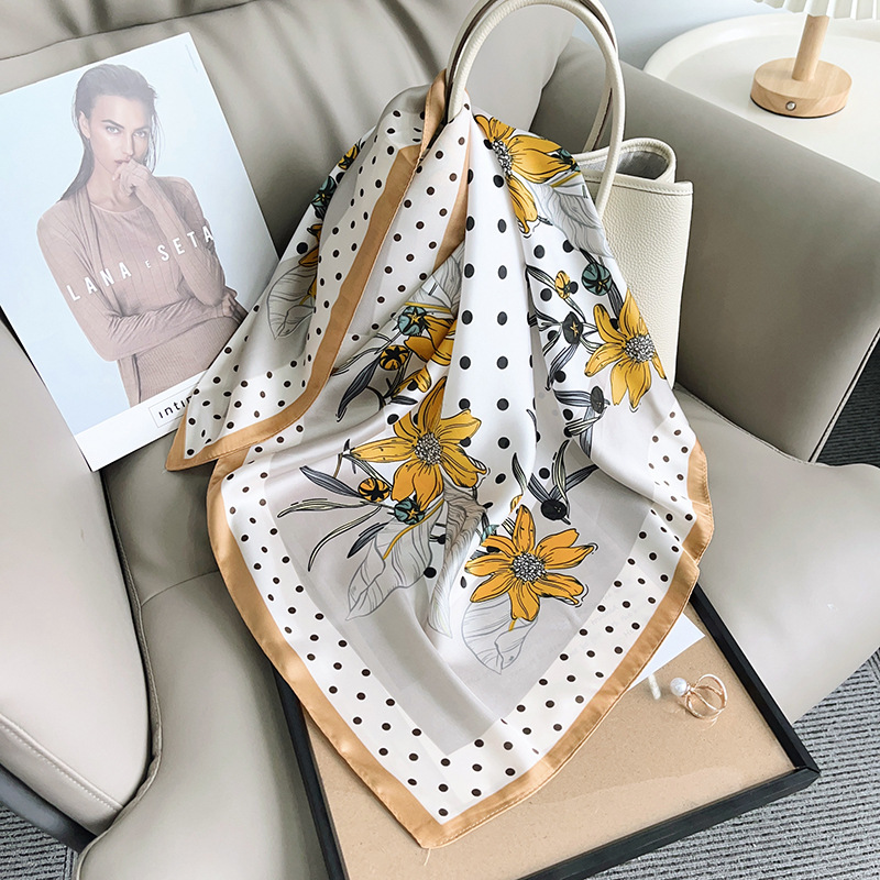 Tendencia moderna geométrica lunares impresión floral 70 bufanda cuadrada nueva bufanda de seda de imitación de temperamento decorativo de moda para mujer image 1