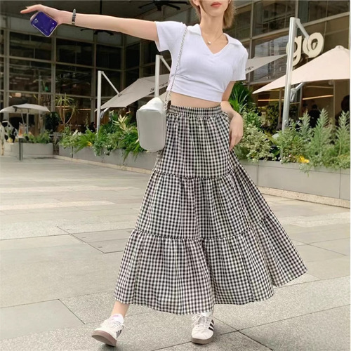 2025 Grid-Styled Long Dress for Women, Summer High-Waist Large-Breasted Umbrella Skirt A-Line Slimming Retro Checkered Semi-Costume Dress