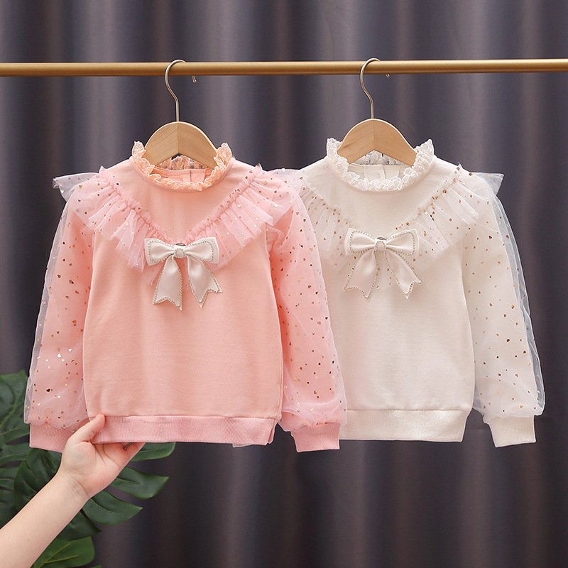 High-end girls' base layer shirt, autumn and winter fleece-lined long-sleeved pure cotton T-shirt, new spring and autumn style children's fashionable puff sleeve top 5