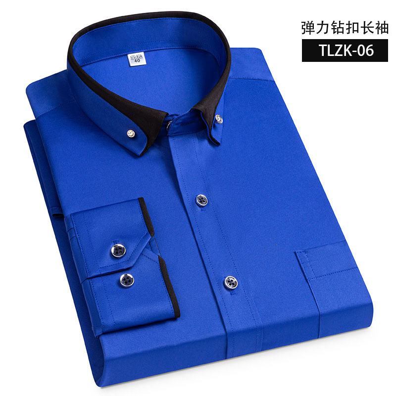 Camisa elástica de manga larga antiarrugas hebilla de diamante contraste color collar hombres de negocios casual Four Seasons camisa de bolsillo para hombre