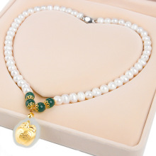 母亲节礼物7-8 天然淡水珍珠项链套装 和田玉黄金平安果玉石