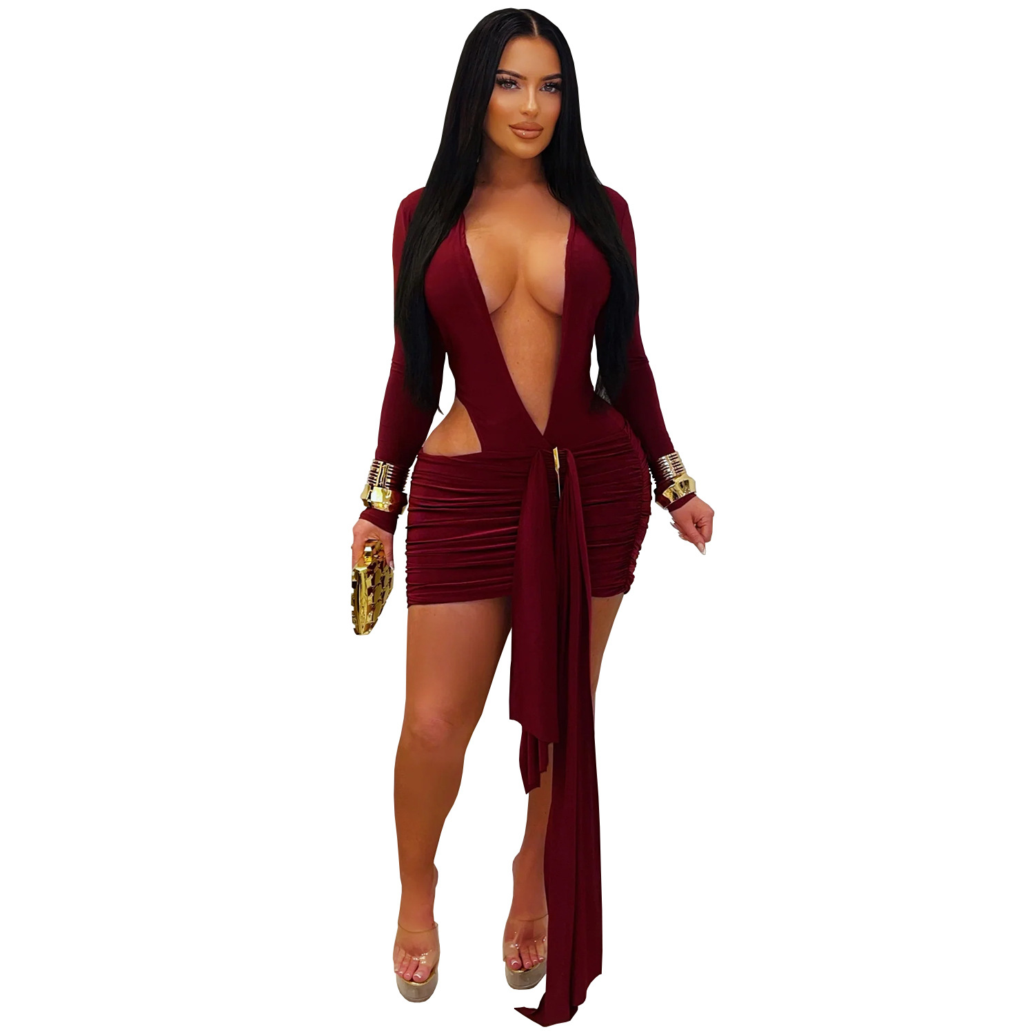 C7607 cross-border AliExpress Amazon Europa y América ropa de moda femenina sexy oscura V vestido de correa de color sólido vestido corto nuevo image 8
