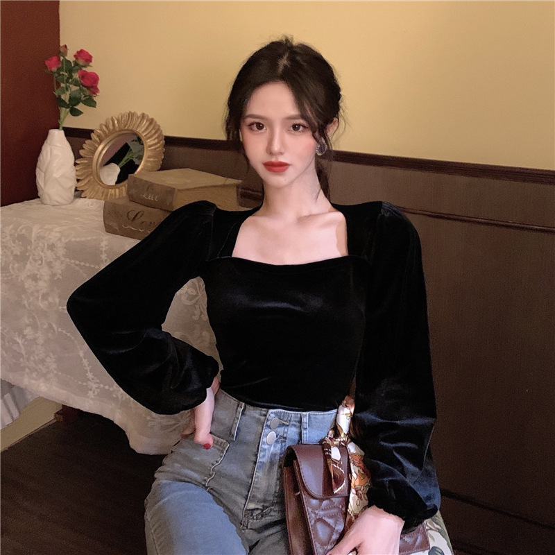 333# Good Quality New Style Square Collar Bubble Sleeve Golden Velvet Shirt Women's Long Sleeve Design Sense Niche Shirt Top