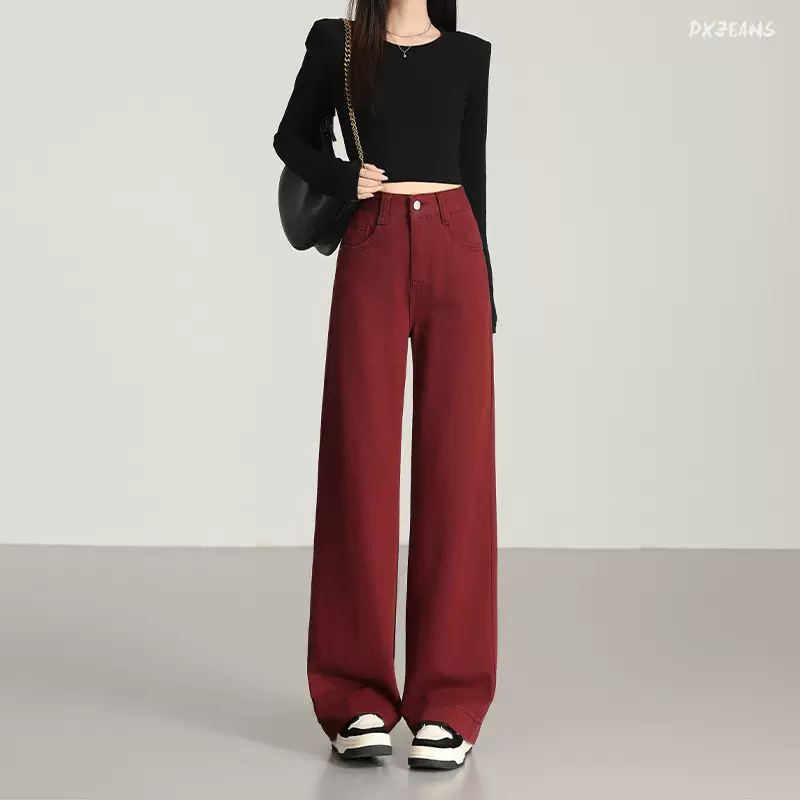 安可拉红窄版阔腿裤2025春新款红色高腰垂感显瘦拖地直筒裤女长裤