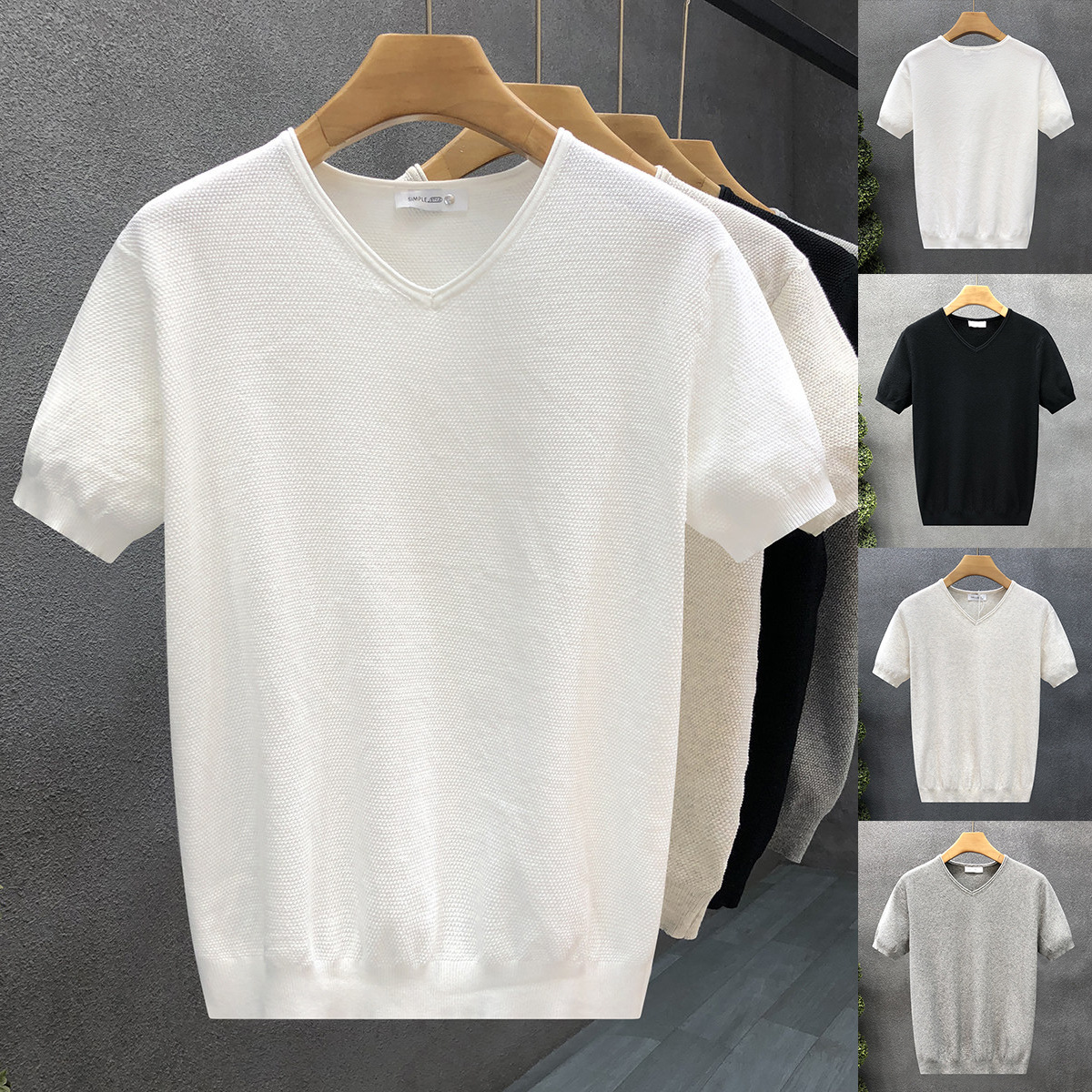 Camiseta de punto de manga corta camiseta de hombre elástica apretada cuello V de pollo cuello de corazón de hielo verano fábrica transfronteriza al por mayor sensación de hielo frío