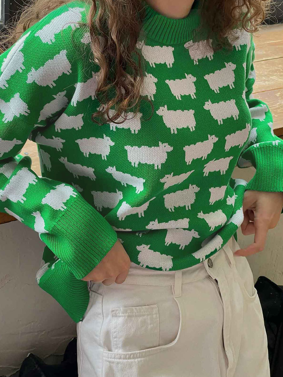 Suéter con estampado de alpaca con cuello redondo transfronterizo, otoño e invierno europeo y americano, nuevas mujeres, suéter casual suelto de cuello redondo, jersey image 4