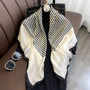 Fashionable light luxury 90cm imitation silk scarf Japanese and Korean simple striped large square scarf ins style multifunctional shawl scarf