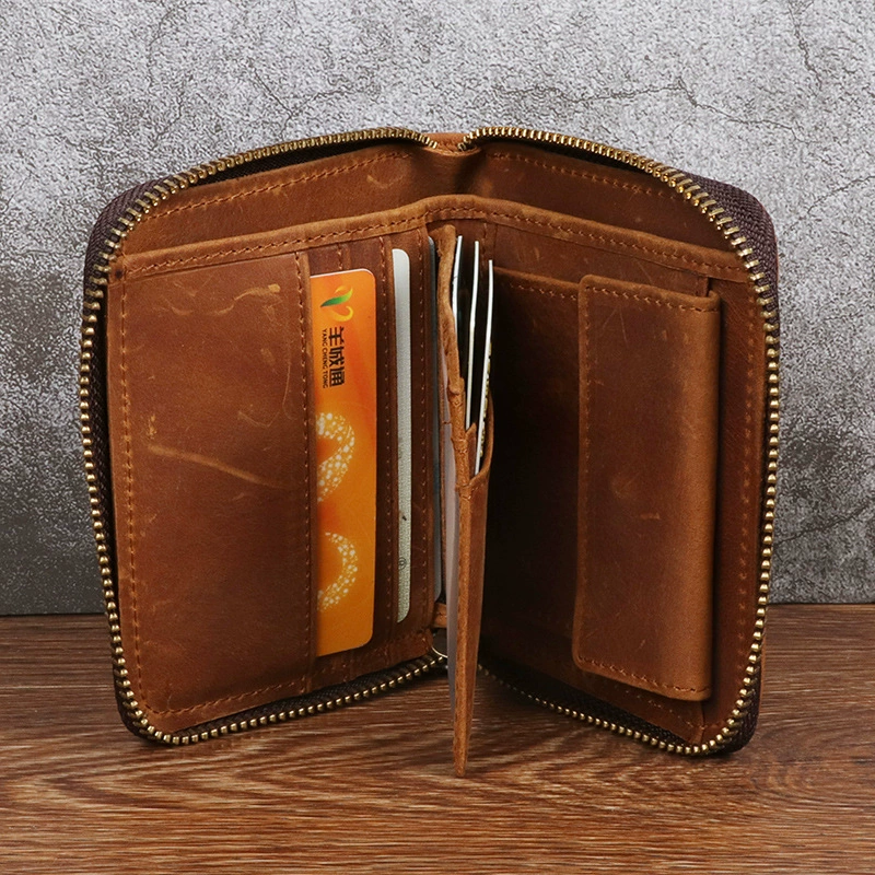 Кожаный короткий ретро-кошелек на молнии, теленок, натуральная кожа