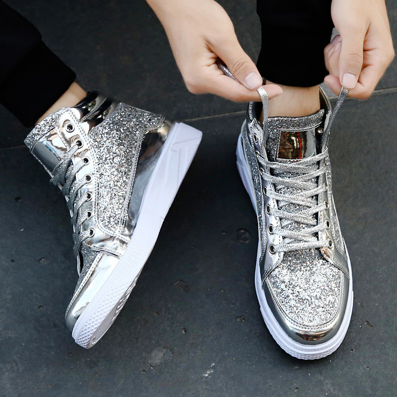 Spring and Autumn Men's High-Top Sneakers, Korean Style Trendy Casual Shoes, Shiny Nightclub Shoes, Patent Leather, Large Size 48, Cross-Border