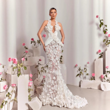 欧美外贸新款V领田园风重工立体花修身包臀鱼尾聚会晚宴礼服裙