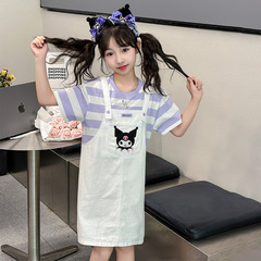 女童夏裝連衣裙2024新款夏季洋氣中大童庫洛米假兩件背帶裙兒童裝