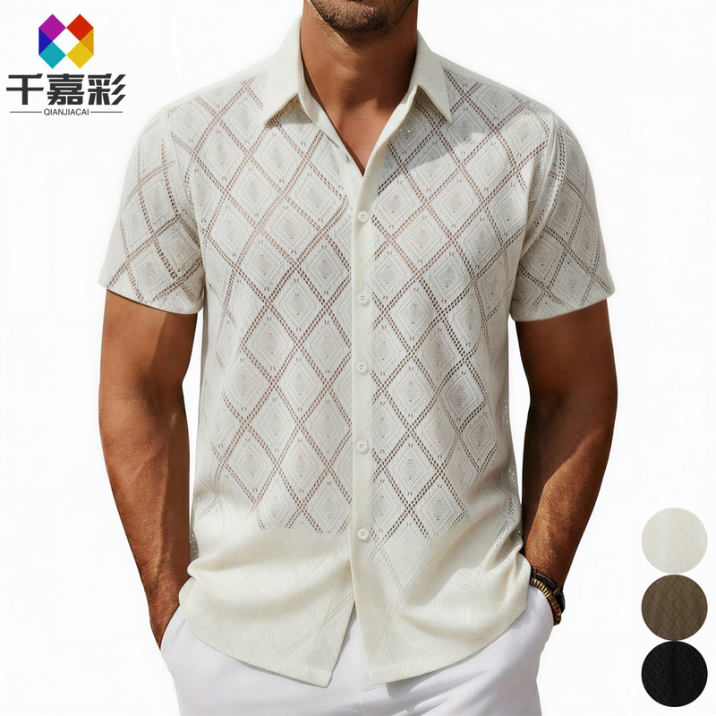 Cross-border Hong Kong-style Hollow Short-sleeved Thin Shirt Men's Summer Niche Design Lace Casual Half-sleeved Shirt A0405