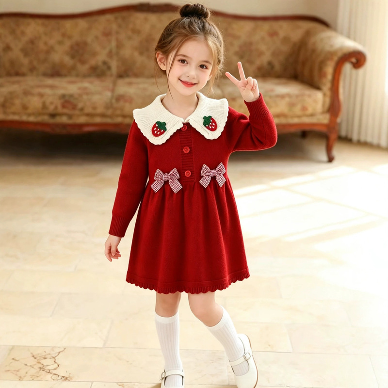 Girls' Knitted Sweater Dress Kidsren's Strawberry Bow Lapel Cute Princess Dress Autumn and Winter New Style Dress