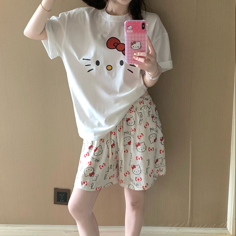 Dibujos animados Hellokitty pijamas estampados mujer 2025 nuevo verano algodón de manga corta pantalones cortos traje de servicio a domicilio