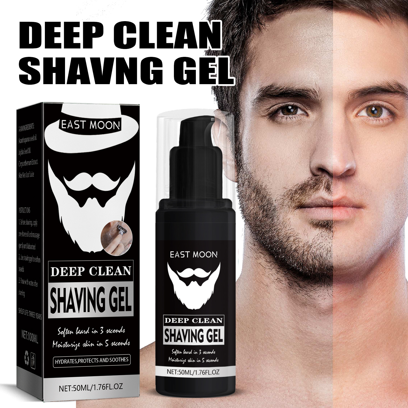 Gel detergente profondo East Moon per uomo, rasatura fresca e delicata, ammorbidente, cura del viso della barba_voghion.com