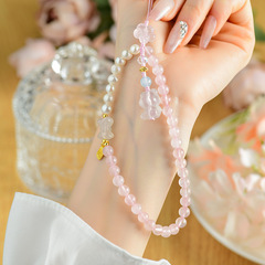 Wholesale natural crystal pearl phone charm white crystal little bear pink crystal flower fresh and fashionable bag keychain