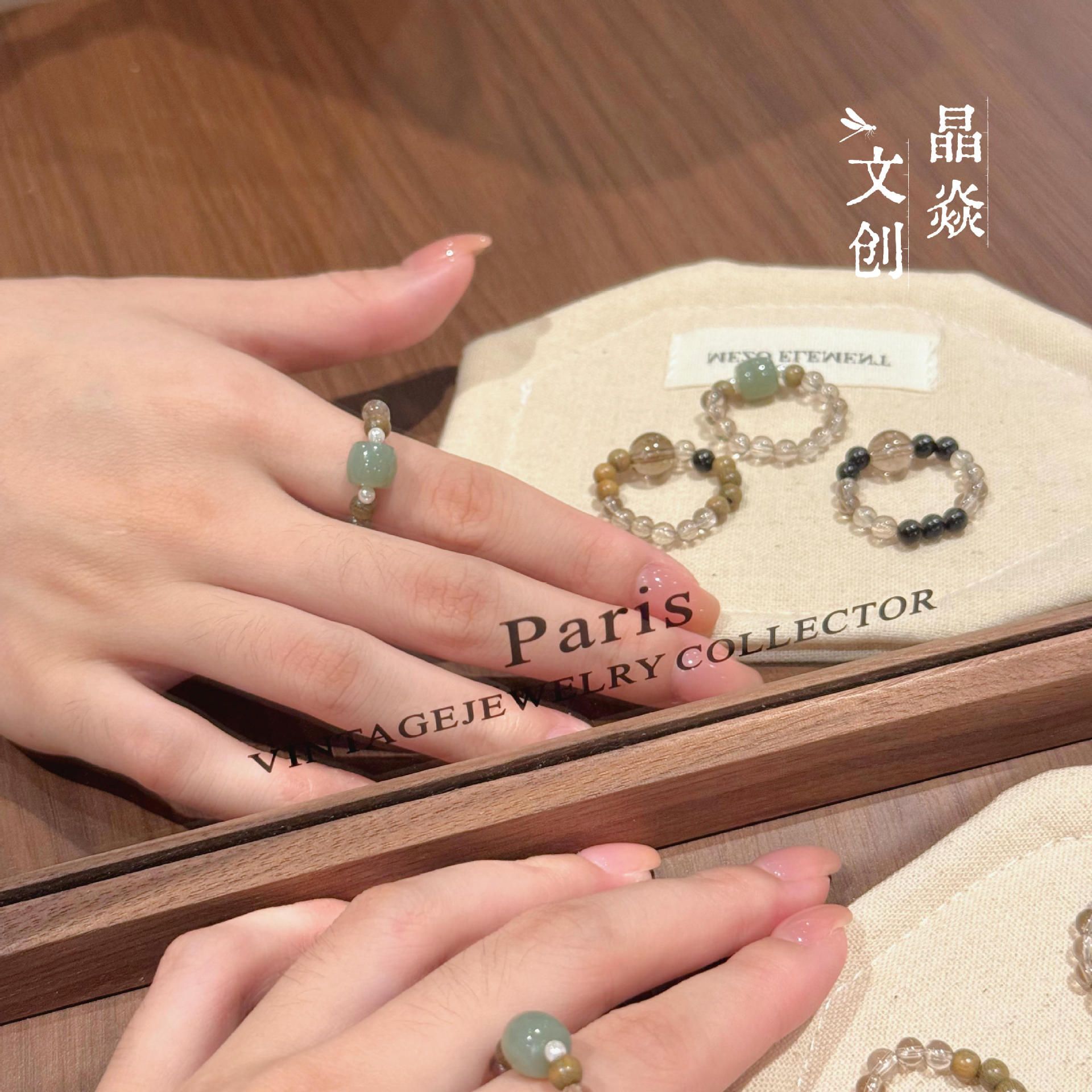 Original design natural green sandalwood tea crystal and Hetian black sandalwood beads foreign trade jewelry Chinese style wholesale crystal ring
