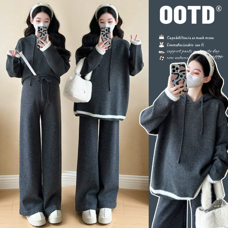 Реальная съемка спот 2024 беременная мама осень и зима мягкий клейкий модный свитер повседневные брюки с капюшоном