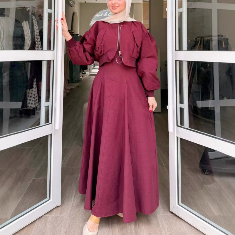 Cross-Border European and American Foreign Trade Women's 2026 New Baseball-Style Zip-Up Jacket with Waist-Cinching Flared Long Skirt Dress