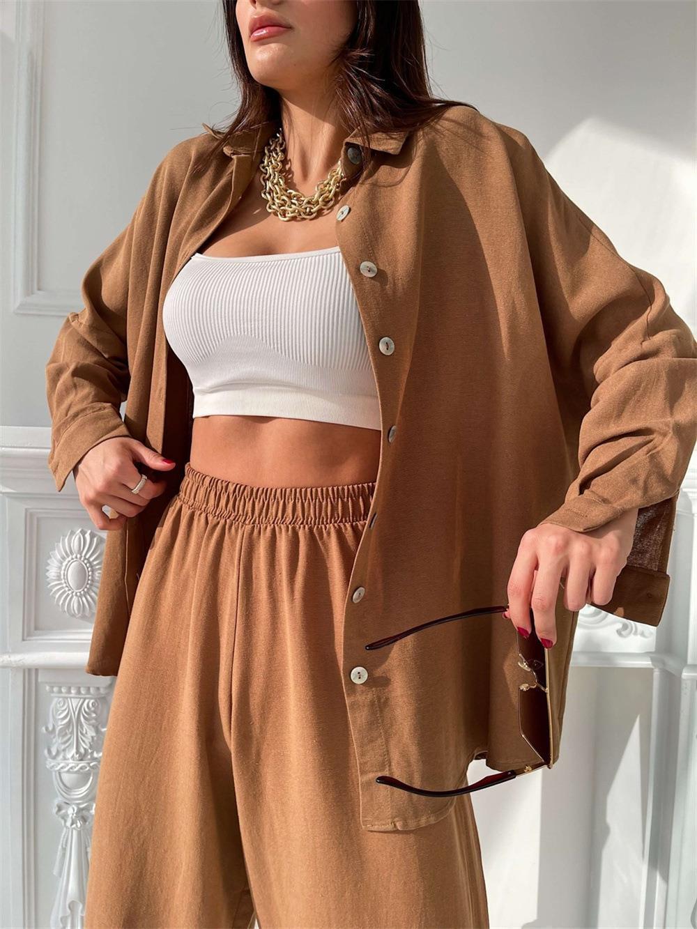 Nouvel ensemble décontracté européen et américain, couleur unie, col Polo, manches longues, petit haut, pantalon Harlan, ensemble deux pièces_voghion.com