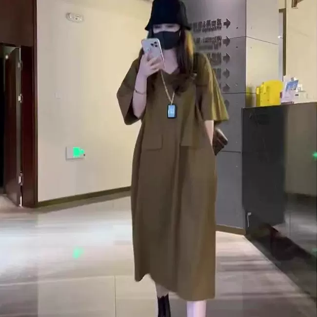 夏季新款高端气质名媛别致连衣裙宽松欧货罗马棉芥末黄女裙子代发