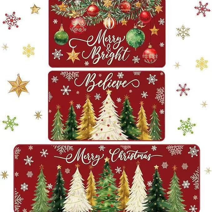 Cross-border Christmas kitchen floor mat three-piece set, corridor dirt-resistant and wear-resistant foot mat, home use long strip dustproof decorative floor mat