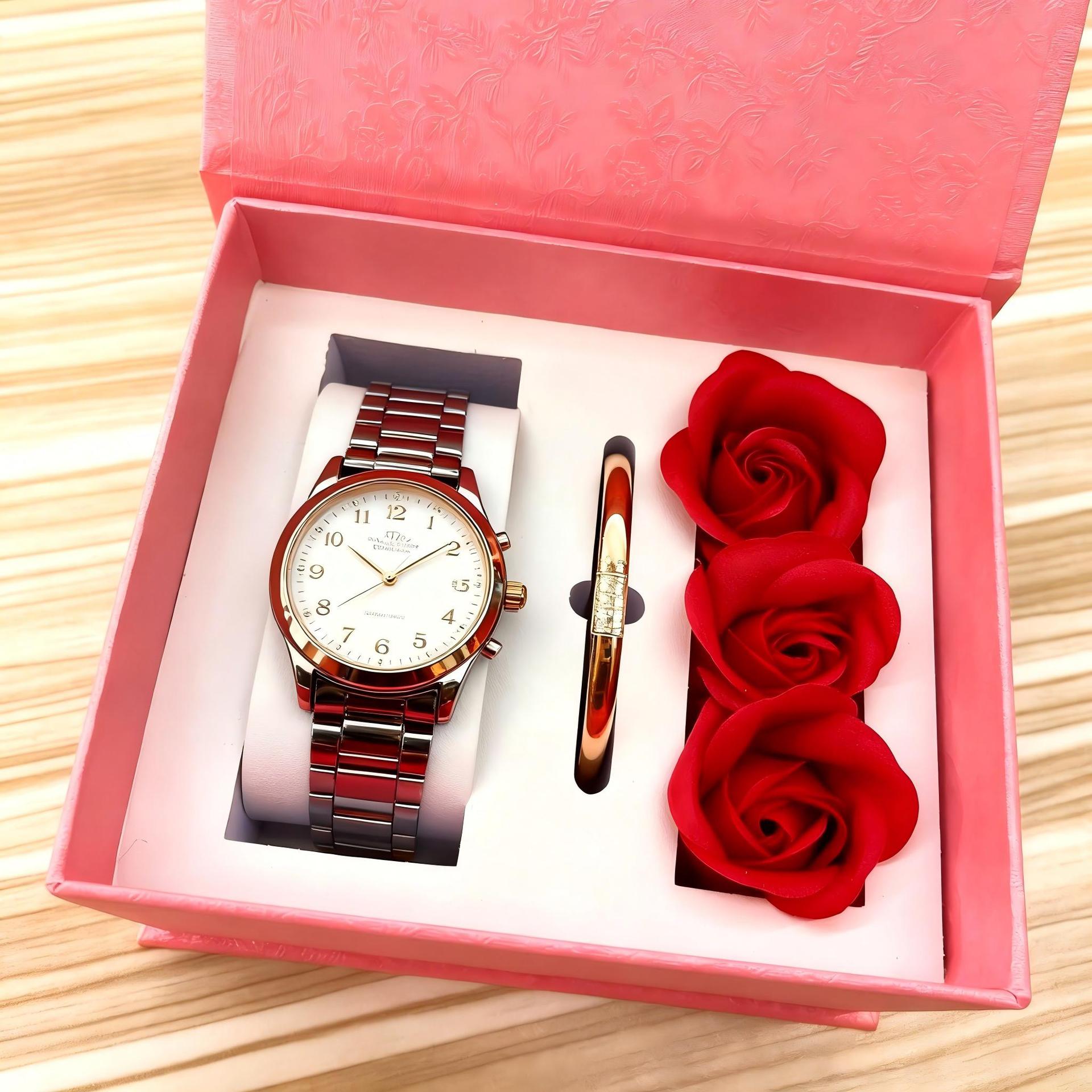 Factory Direct Sales of High-End Pink Gold-Stamped Women's Watch Boxes, Valentine's Day and Birthday Gift Packaging, Supports Logo Customization