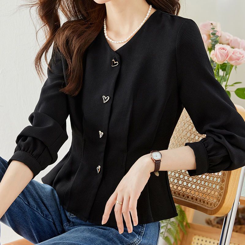 V-neck Black Shirt Women's Long-sleeved 2024 Spring and Autumn New Chic Pretty Shirt High-grade Tight Waist Short Top
