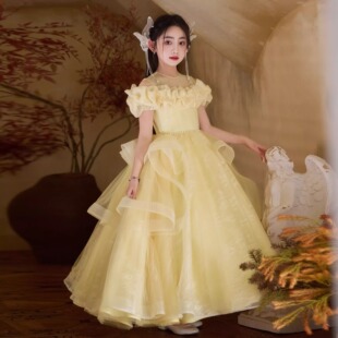 Yellow Girl's Dress Birthday Beautiful Princess Dress Classy Accessible Luxury Niche Host Kidsren's Piano Performance
