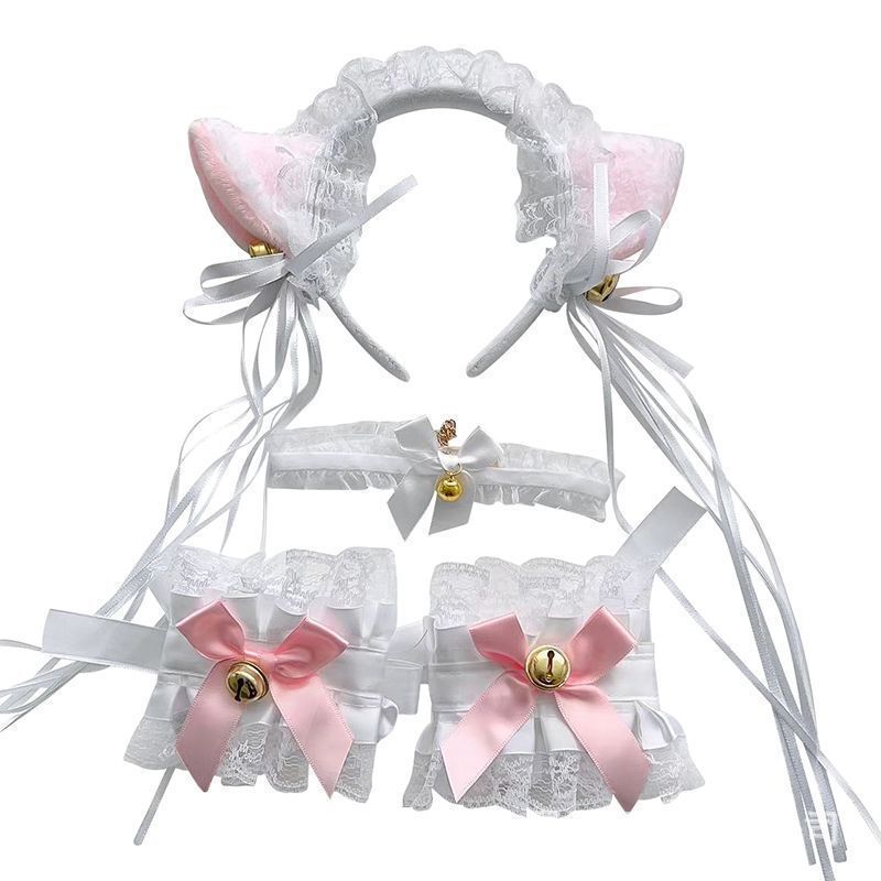 日系手作Lolita蕾丝毛绒猫耳朵铃铛头饰脖铃手环套装兽耳女仆发箍|undefined
