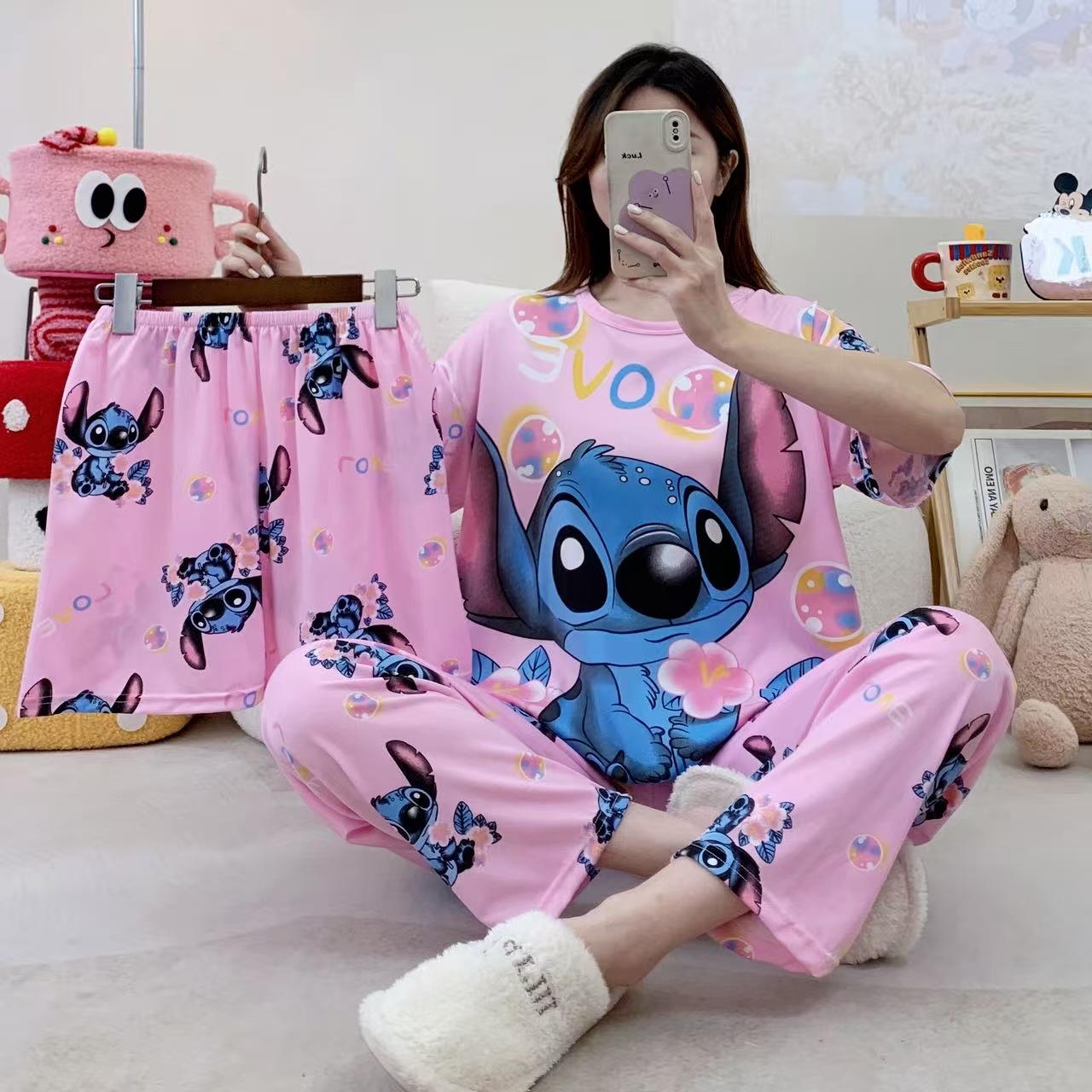 Pijamas de verano transfronterizos pijamas de leche de seda de tres piezas set de dibujos animados comercio exterior ropa para el hogar pantalones de mangas cortas lindos