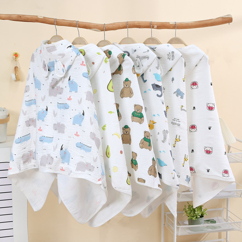 Cotton Gauze Cape Towel Four Seasons Child Hooded Bath Robe Cartoon Print Baby Hooded Bath Cape Wholesale