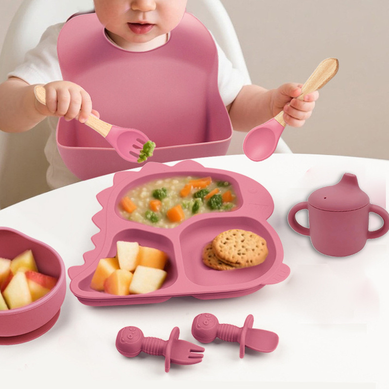 Cross-Border Maternal and Infant Products, Silicone Dinosaur Dinner Plate Set of Eight Pieces, Suction Cup, High Temperature Resistant, Sterilizable, Baby Food Feeding Set