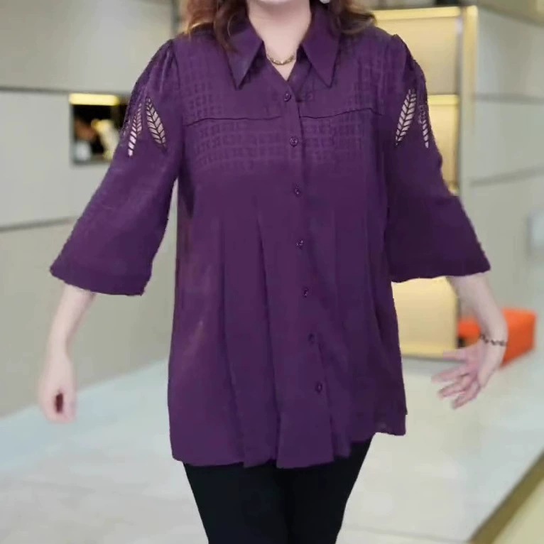 Летняя мода 2025: новая тяжелая рубашка с вышивкой, драпировкой и отложным воротником для полных женщин, одежда для мам больших размеров