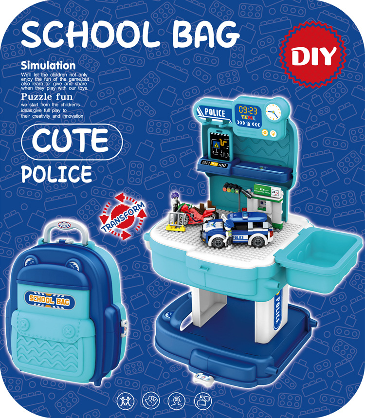 El comercio exterior de los niños DIY bloques de construcción mochila juguete bomberos coche ingeniería animal diapositiva montaje educación temprana bloques de construcción traje