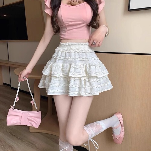 2025 summer new Korean style sweet and slimming French fluffy skirt, high-waist a-line skirt, cake short skirt, women