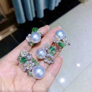 Seiko S925 Silver Natural Pearl Set, Full and Round Edison Pearl Necklace, Earrings and Ring Three-Piece Set