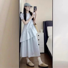 法式温柔风短袖蓝色连衣裙子女夏季设计感不规则气质抽绳蛋糕长裙