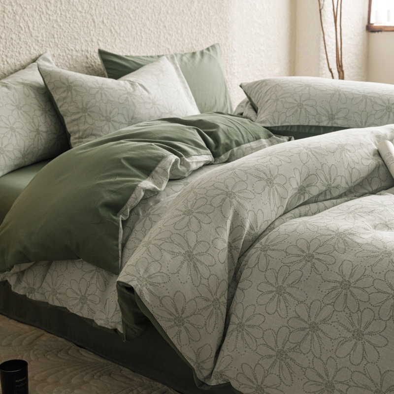 Clase ligera de lujo A algodón lavado de algodón de cuatro piezas de tres capas de hilo jacquard edredón cubierta sábana de algodón de fibra larga cama de algodón de cuatro piezas