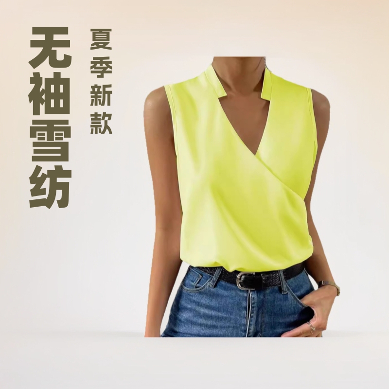 Chiffon Pullover V-Neck Sleeveless Women's Top Shirt for Cross-Border Commuting, Versatile Business Wear, European and American French Resort Style