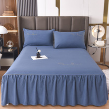 水洗磨毛床裙纯色刺绣床罩三件套防滑床垫保护套1.8米床单件床裙