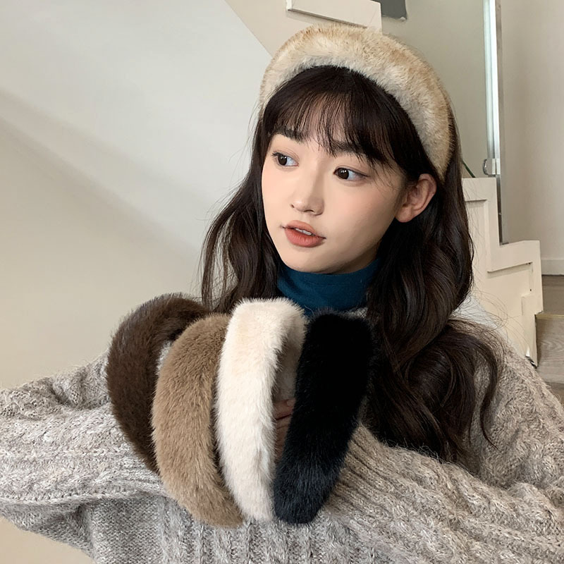Faux Fur Autumn and Winter Retro Versatile Wide-Brimmed High-End Faux Mink Hairband Black Headband for Women