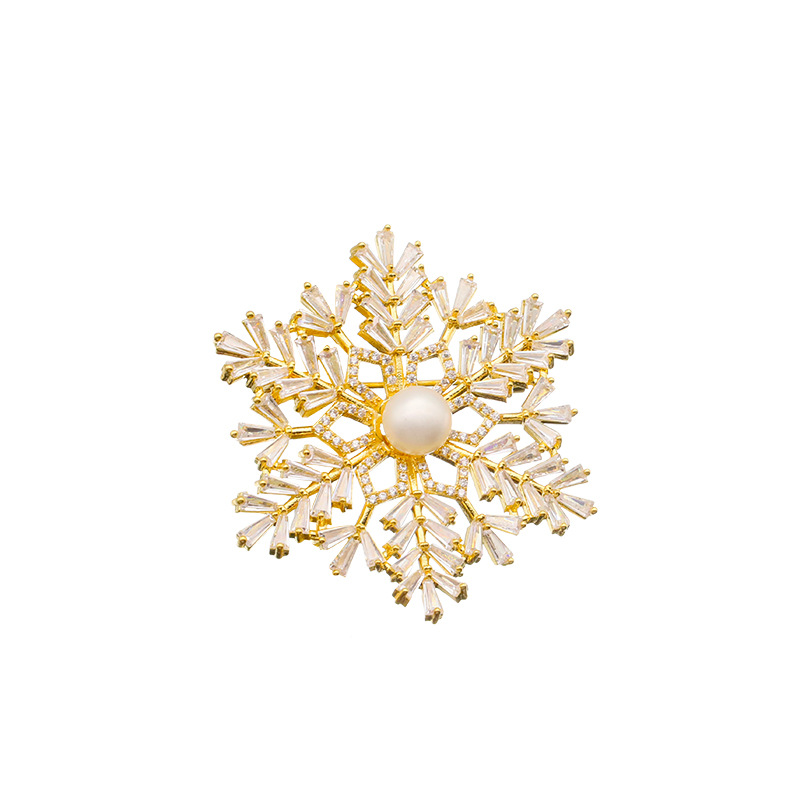 Estilo coreano de agua dulce perla copo nieve ZIRCON broche moda elegante ropa simple pin 18K oro real galvanoplastia color protección
