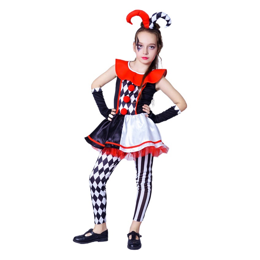 Mujeres de los niños a cuadros payaso traje Halloween diablo cuerno falda rendimiento ropa Cosplay del partido